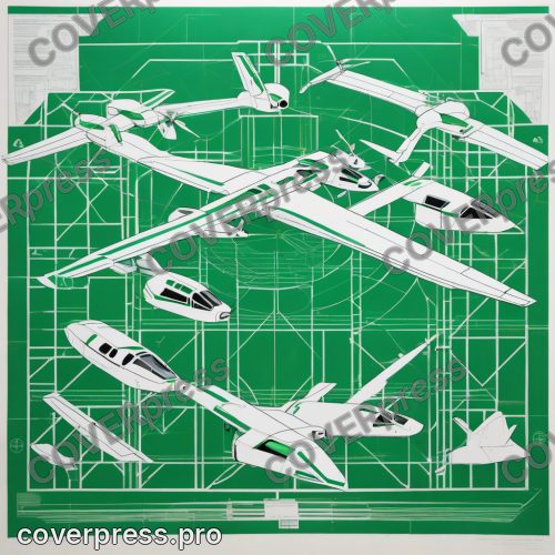 В стиле Кибер-плакат: на пустом светлом поле висит конвертоплан с двумя поворотными винтами, боком