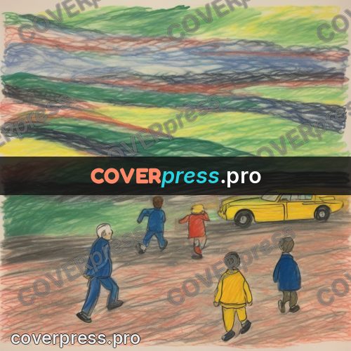 Children's illustration: people walking along a road