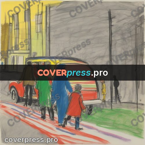 Children's illustration: people walking along a road