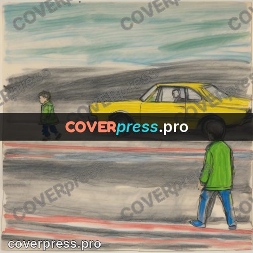 Children's illustration: people walking along a road