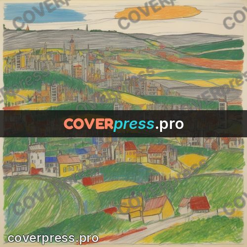 Children's illustration: town seen from a hill
