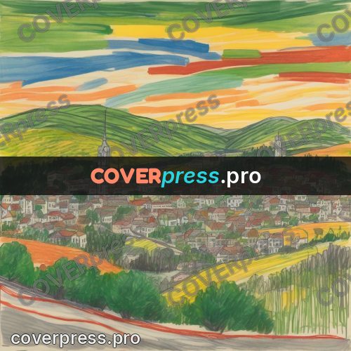 Children's illustration: town seen from a hill