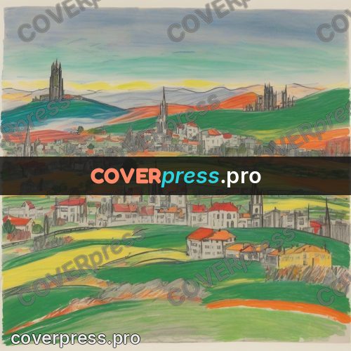 Children's illustration: town seen from a hill