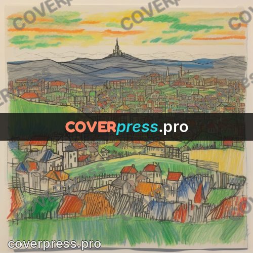 Children's illustration: town seen from a hill