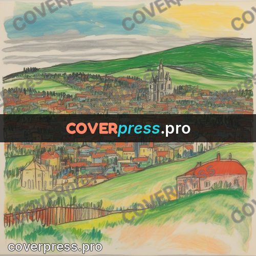 Children's illustration: town seen from a hill