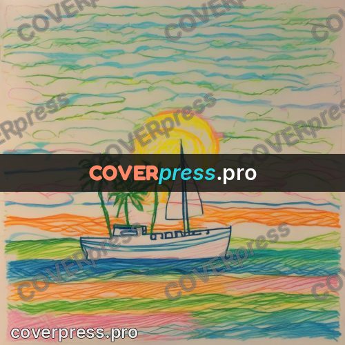 Children's illustration: boat by a palm shore