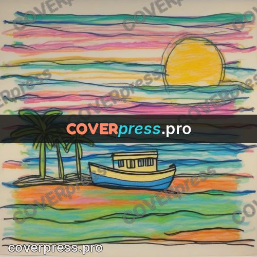 Children's illustration: boat by a palm shore
