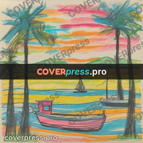 Children's illustration: boat by a palm shore