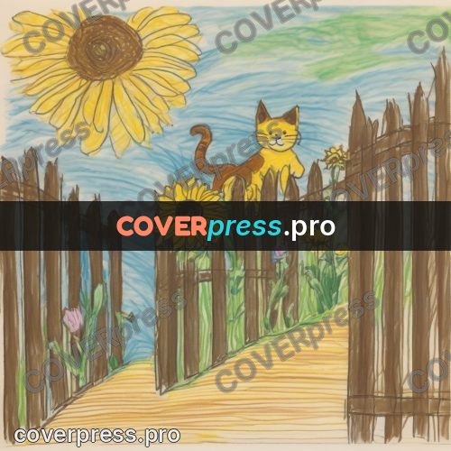 Children's illustration: cat on a wooden fence