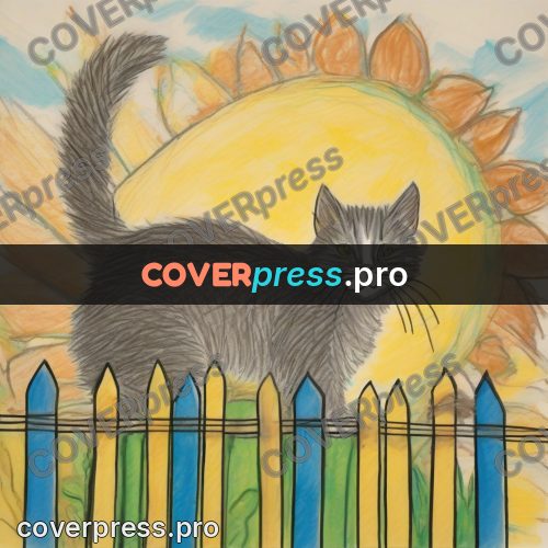 Children's illustration: cat on a wooden fence
