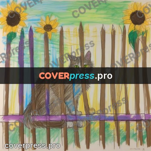 Children's illustration: cat on a wooden fence