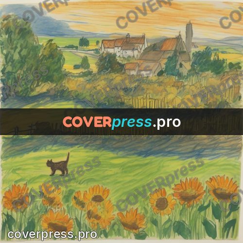 Children's illustration: yard with sunflowers and a fence