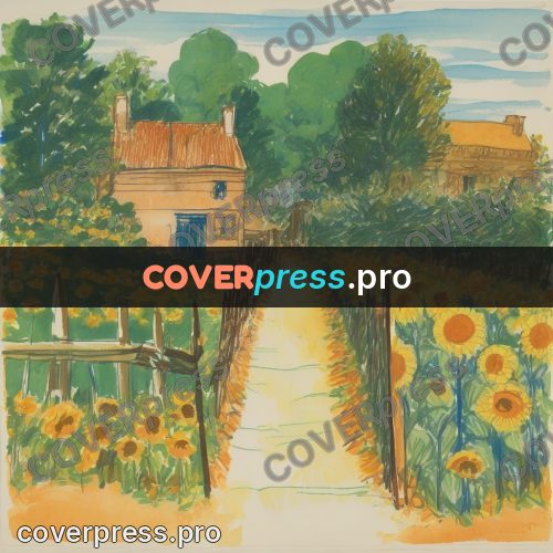 Children's illustration: yard with sunflowers and a fence
