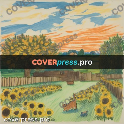 Children's illustration: yard with sunflowers and a fence