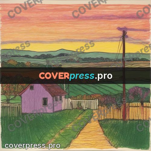 Children's illustration: house and fields at sunset