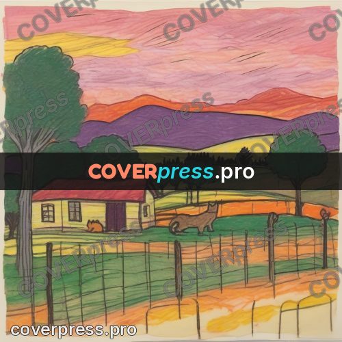 Children's illustration: house and fields at sunset