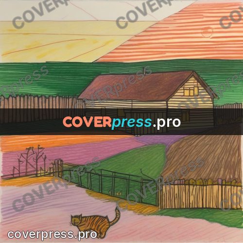 Children's illustration: house and fields at sunset