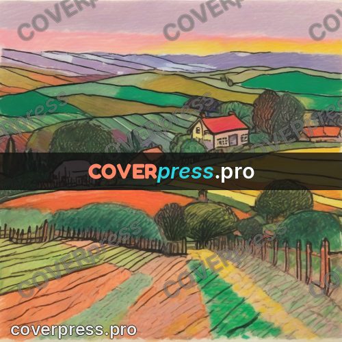 Children's illustration: house and fields at sunset