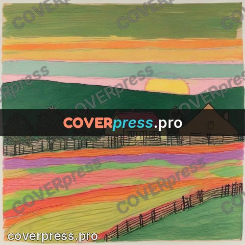 Children's illustration: house and fields at sunset