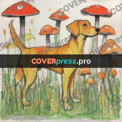 Children's illustration: dog among red mushrooms