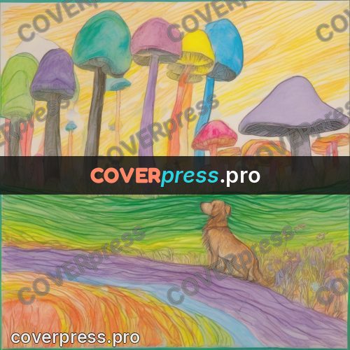 Children's illustration: meadow with large mushrooms