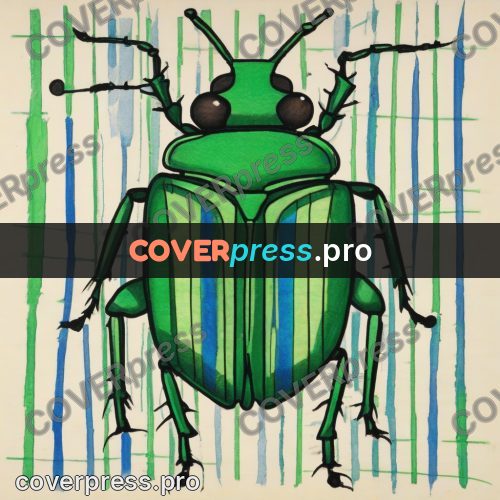Children's illustration: green beetle on stripes