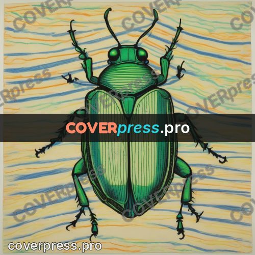 Children's illustration: green beetle on stripes
