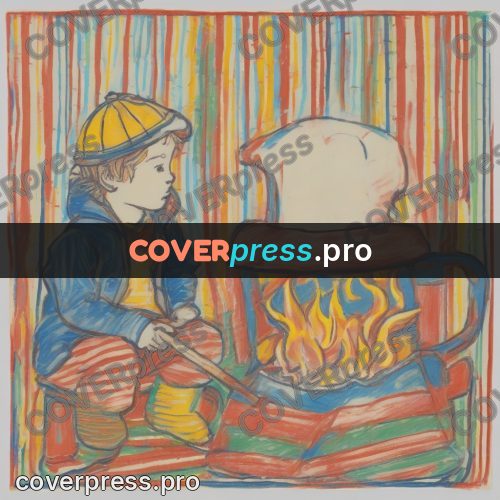 Children's illustration: children warming by the fire