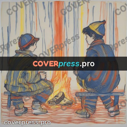 Children's illustration: children warming by the fire