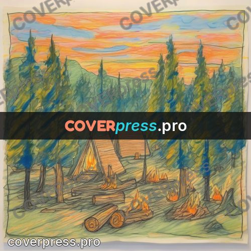 Children's illustration: forest camp with a fire