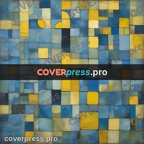 Paul Klee style artwork: yellow and blue tile grid