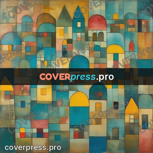 Paul Klee style artwork: town built from colour tiles