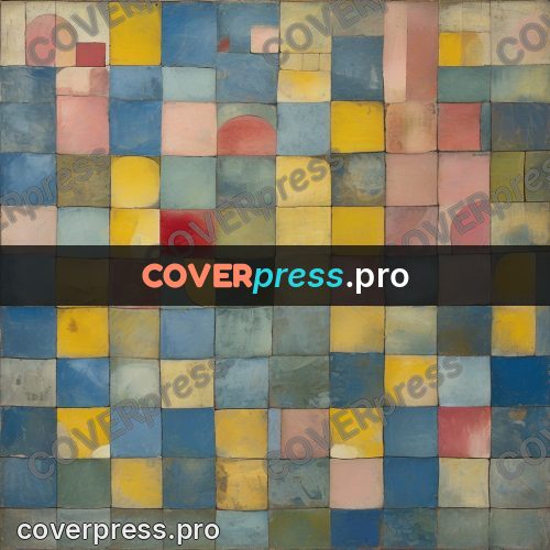 Paul Klee style artwork: yellow and blue tiles with arcs