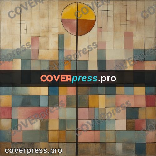 Paul Klee style artwork: disc above rows of tiles