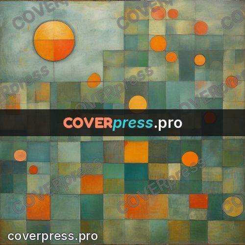 Paul Klee style artwork: orange circles over a green field