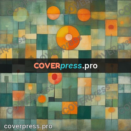 Paul Klee style artwork: orange circles over a green field