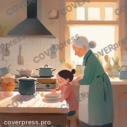 В стиле Книжка малышам: бабушка стоит спиной у плиты, ребёнок сидит рядом на высоком табурете