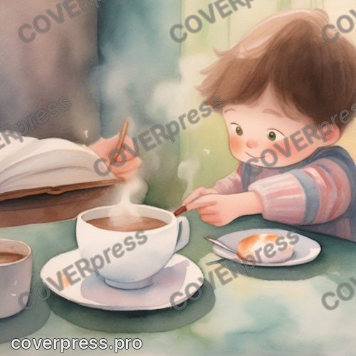 В стиле Книжка малышам: чашка какао с зефиркой стоит на столе, к ней тянутся детские ладони