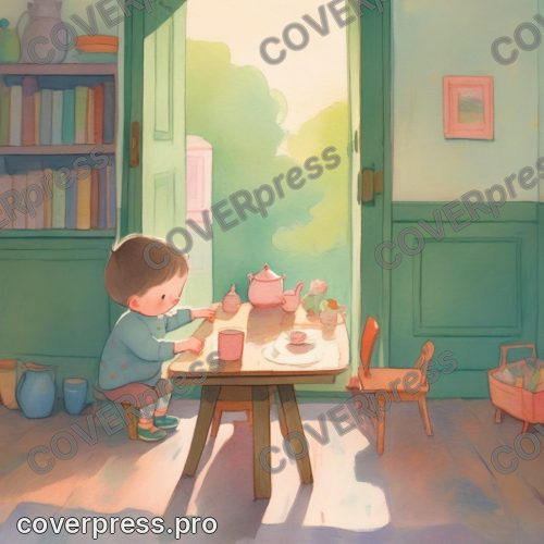 В стиле Книжка малышам: ребёнок несёт поднос с двумя чашками и занимает половину кадра