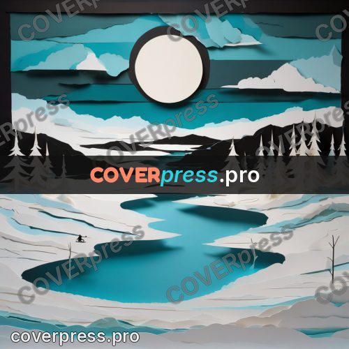 Paper craft design: winter lake with fir trees
