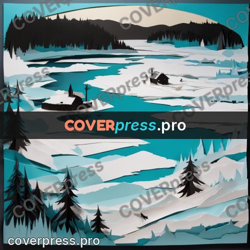 Paper craft design: winter lake with fir trees