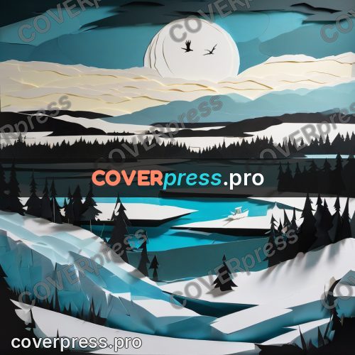 Paper craft design: winter lake with fir trees