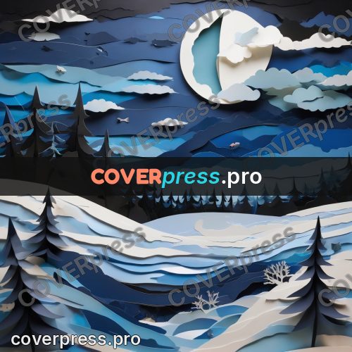 Paper craft design: snowy landscape with a moon