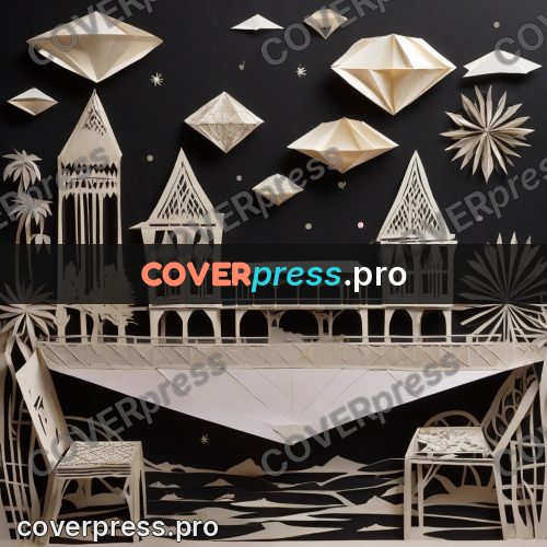 Paper craft design: table with chairs and trees