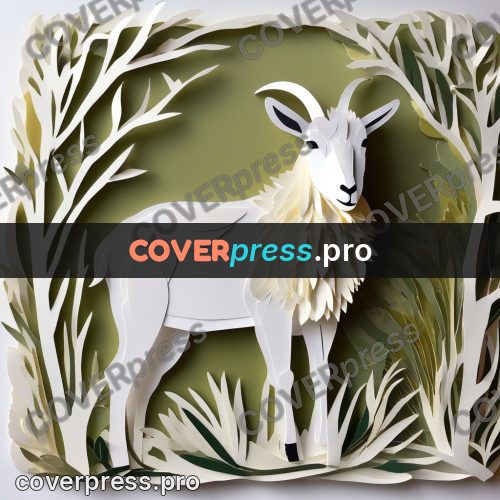 Paper craft design: white goat among foliage