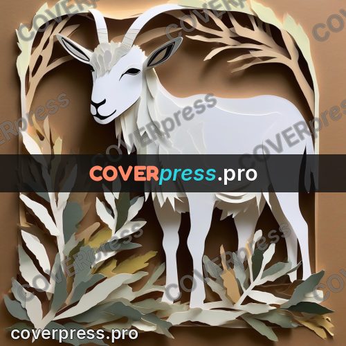Paper craft design: white goat among foliage