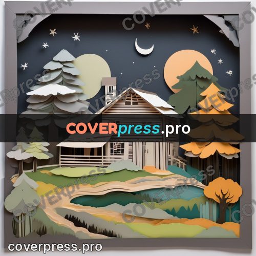 Paper craft design: house among firs under the moon
