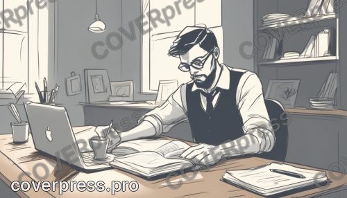 В стиле Лайн-арт: день. Мужчина сидит за рабочим столом перед открытым ноутбуком Apple
