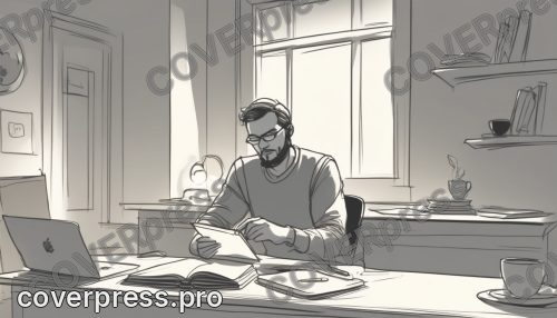 В стиле Лайн-арт: день. Мужчина сидит за рабочим столом перед открытым ноутбуком Apple