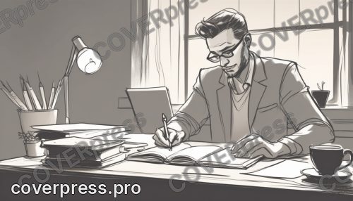 В стиле Лайн-арт: день. Мужчина сидит за рабочим столом перед открытым ноутбуком Apple